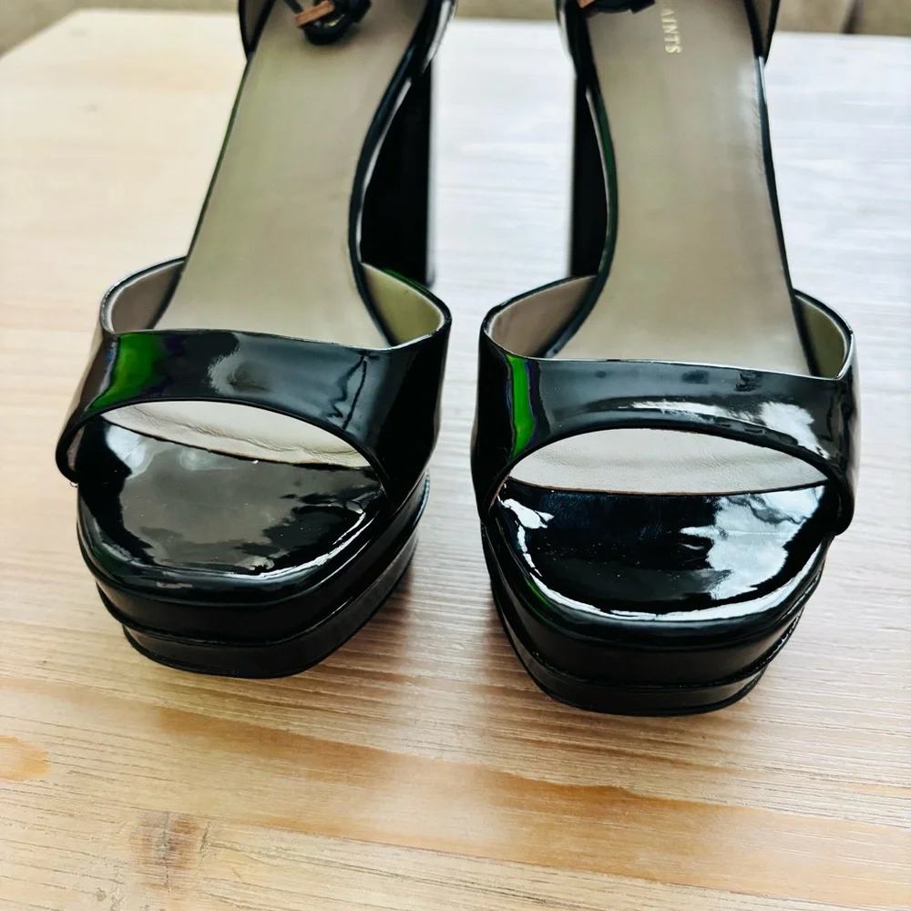 All Saints Tia Glossy Black Platform Heel Sandals Size 10M‎ WF571Z